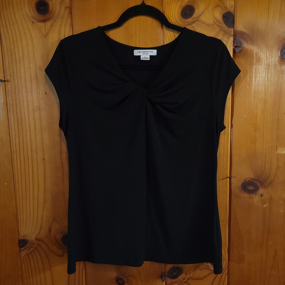 Liz Claiborne Petite Large Black Polyester Spandex Short Sleeve Shirt vtg preppy